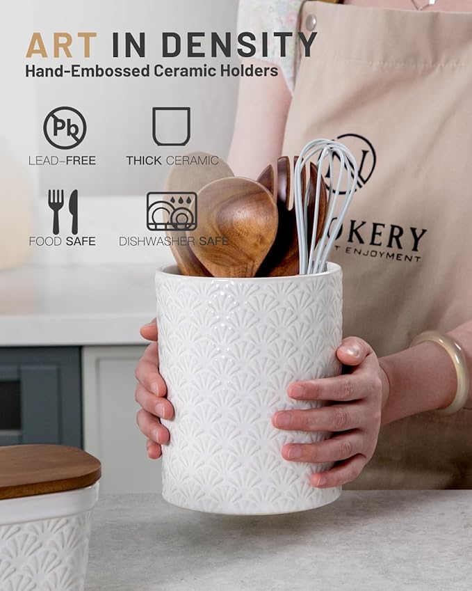 Nucookery 6.4'' Utensil Holder - Ceramic Utensil Holder for Kitchen Counter, Large Capacity Countertop Storage, Farmhouse Style Utensil Crock Organizer for Spoons, Spatulas & Cooking Tools - Image 2