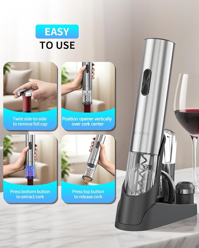 CIRCLE JOY Electric Wine Opener 7-in-1 Stainless Steel Rechargeable Electric Wine Bottle Opener Set with Automatic Vacuum Pump, Foil Cutter, Wine Pourer, 2 Vacuum Stoppers & Charging Station, Silver - Image 6