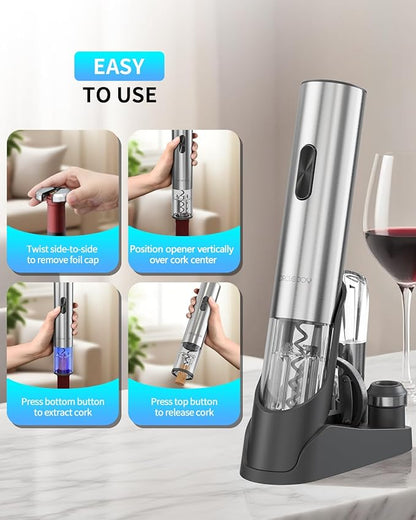 CIRCLE JOY Electric Wine Opener 7-in-1 Stainless Steel Rechargeable Electric Wine Bottle Opener Set with Automatic Vacuum Pump, Foil Cutter, Wine Pourer, 2 Vacuum Stoppers & Charging Station, Silver - Image 6