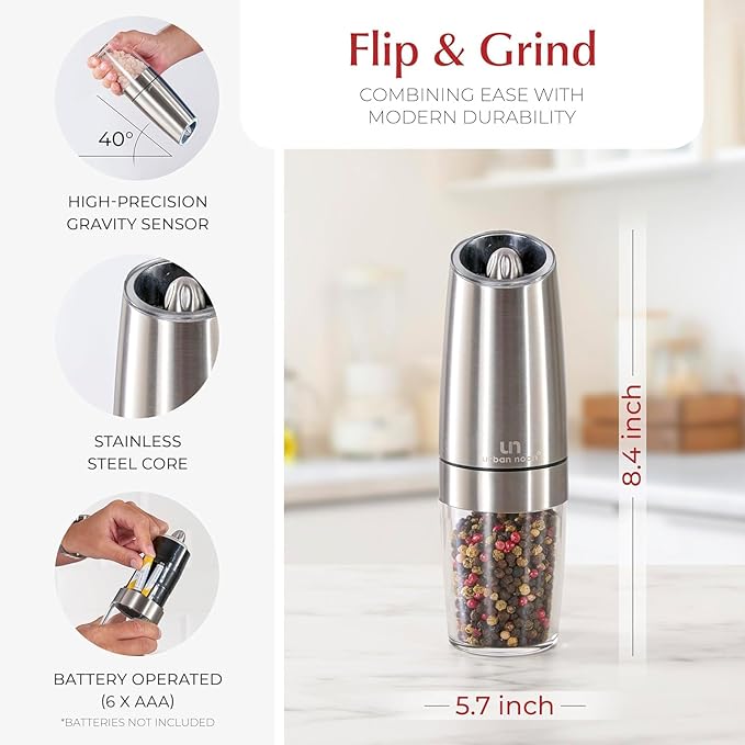Urban Noon Gravity Salt and Pepper Grinder Set - Battery Operated Stainless Steel Mills with Light (2 Grinders) - Automatic One Handed Operation - Electric Adjustable Shakers - Ceramic Grinders - Image 4