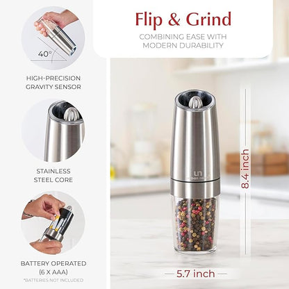 Urban Noon Gravity Salt and Pepper Grinder Set - Battery Operated Stainless Steel Mills with Light (2 Grinders) - Automatic One Handed Operation - Electric Adjustable Shakers - Ceramic Grinders - Image 4