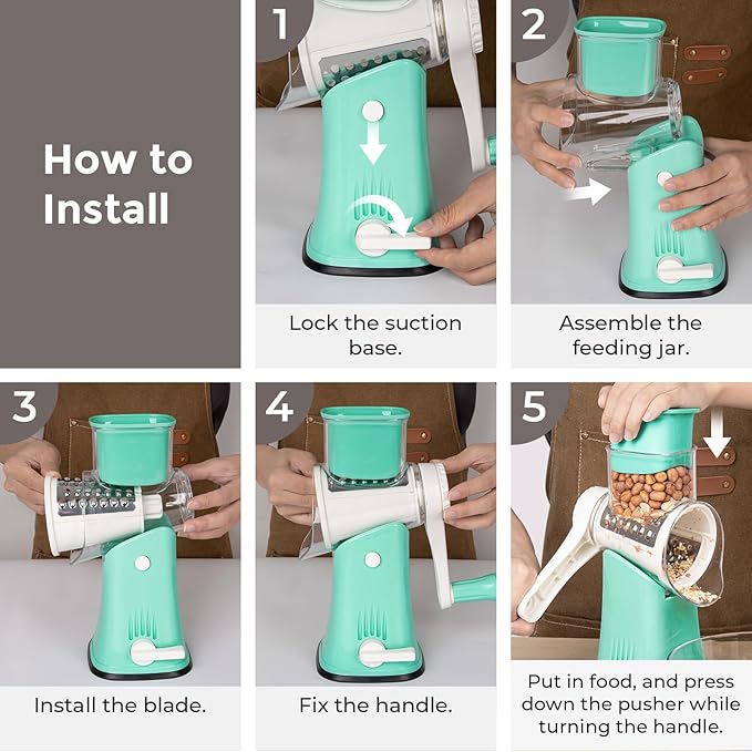 X Home 5-in-1 Rotary Cheese Grater for Kitchen, Upgraded Hand Crank Shredder with Stronger Suction Base & Multifunctional Drum Blades, for Cheese, Vegetables and Nuts, Easy to Use and Clean, Blue - Image 6
