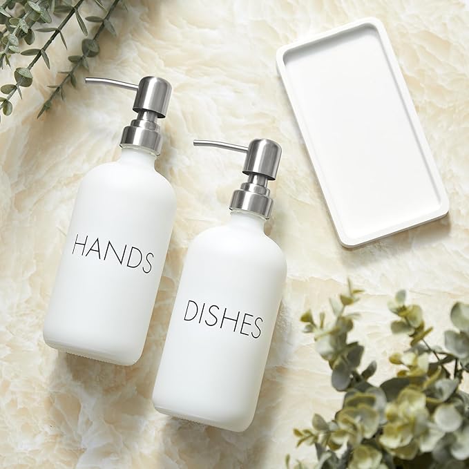 White Dish and Hand Soap Dispenser Set - Glass Kitchen Soap Dispenser with Tray and Stainless Steel Pump - for White Kitchen Decor and Accessories