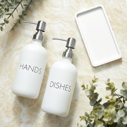 White Dish and Hand Soap Dispenser Set - Glass Kitchen Soap Dispenser with Tray and Stainless Steel Pump - for White Kitchen Decor and Accessories