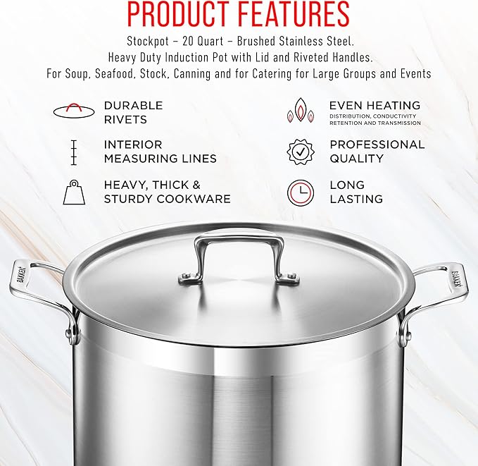 Stainless Steel Stockpot with Lid 20 Quart, Durable 18/8 Stainless Steel, Impact-Bonded Base for Even Heating, Riveted Handles, Oven & All Stove Compatible, Safe Up To 500°F (260°C) - Image 7