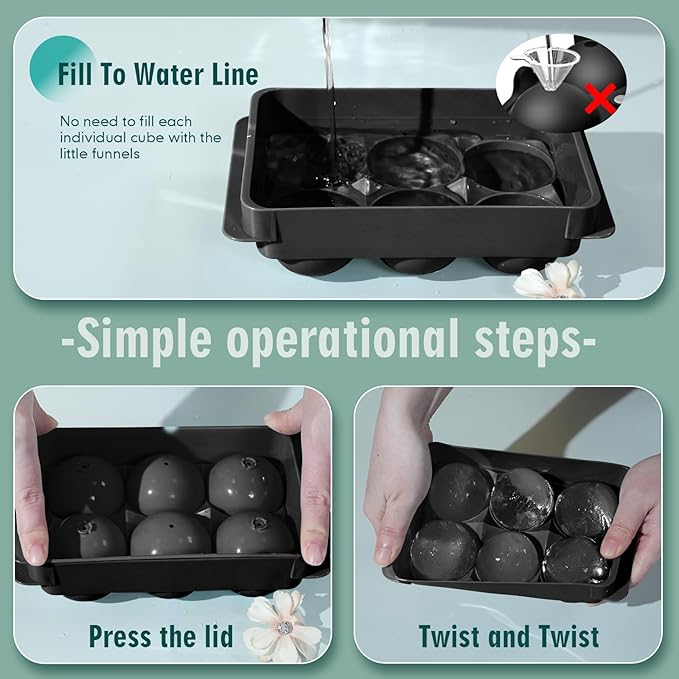 WIBIMEN Large Ice Cube Molds, Big Round Whiskey Ice Cube Trays for Freezer, Easy to Fill & Release, Whiskey Bourbon Cocktail(1.9In*6 Balls- Black/2 Pack) - Image 3