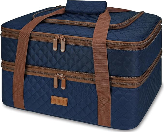 Quilted Insulated Double Casserole Carrier - Thermal Lunch Tote for Potluck Parties, Picnic, Beach, Fits 9 x 17 Inches Baking Dish, Casserole Dish, Expandable (Blue)