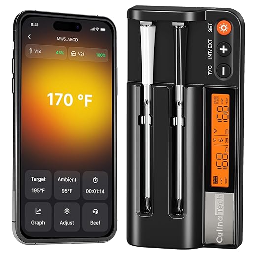 750ft Wireless Meat Thermometer Long Range for Smoker, BBQ & Rotisserie, 2 Probes Smart Bluetooth Thermometer Dual Sensor Waterproof Probe with LCD Base Station Display & App Control by CulinaTech