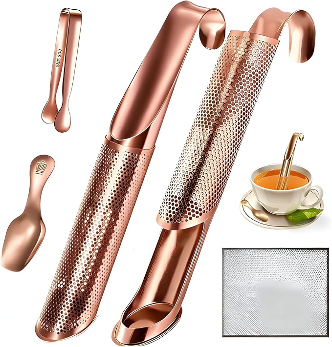 2 Pcs Tea Infuser with Hook Handle, Tea Diffusers for Loose Tea, Tea Steeper Stainless Steel Tea Strainers & Filters with Teaspoon Tea-tweezers Steel Wire Cloth(rose gold)