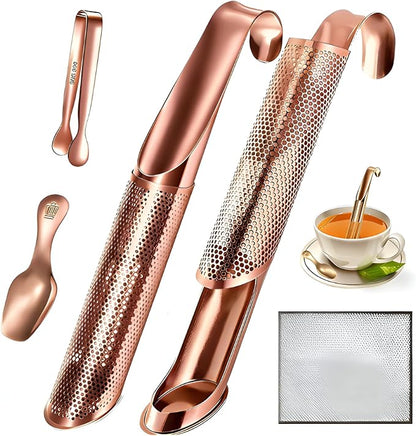 2 Pcs Tea Infuser with Hook Handle, Tea Diffusers for Loose Tea, Tea Steeper Stainless Steel Tea Strainers & Filters with Teaspoon Tea-tweezers Steel Wire Cloth(rose gold)
