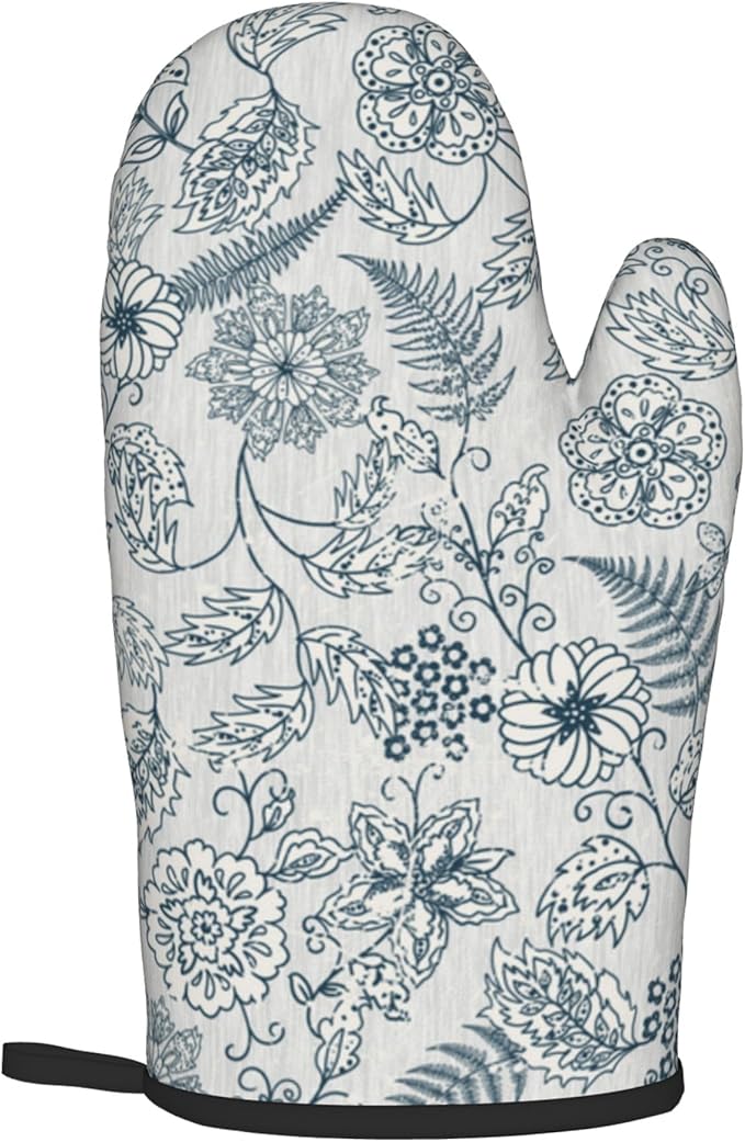 Blue Floral Oven Mitts Set – Vintage Pot Holders Kitchen Gloves for Women Teal Plant Kitchen Mitts Potholders Set of 2 for Cooking & Baking - Image 8
