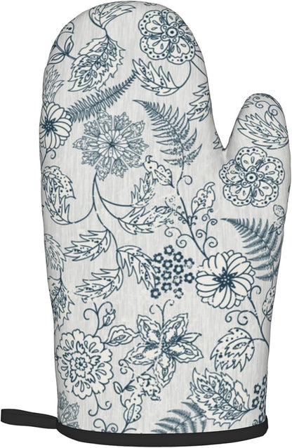 Blue Floral Oven Mitts Set – Vintage Pot Holders Kitchen Gloves for Women Teal Plant Kitchen Mitts Potholders Set of 2 for Cooking & Baking - Image 8