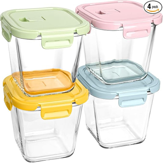 Glass Soup Containers with Lids 32oz - Borosilicate Glass Storage Containers 4 Cup, Freezer to Microwave Safe, Airtight Leak Proof, Square Meal Prep Containers for Lunch Travel- 4 Pack