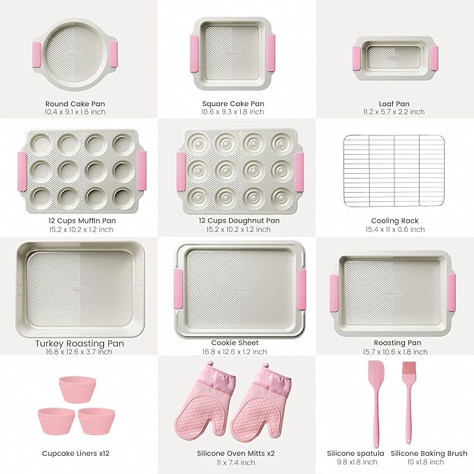 Kikcoin 25 PCS Stackable Baking Pans Set, Non-stick Bakeware Sets with Silicone Handles, 450°F Oven Safe Cookie Sheets for Baking, Easy Release Heavy-duty Baking Sheets Non Stick, Pink - Image 2