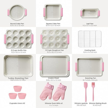 Kikcoin 25 PCS Stackable Baking Pans Set, Non-stick Bakeware Sets with Silicone Handles, 450°F Oven Safe Cookie Sheets for Baking, Easy Release Heavy-duty Baking Sheets Non Stick, Pink - Image 2