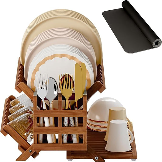 Greenual Teak Dish Drying Rack with Utensil Holder, 3 Tier Collapsible Dish Rack, Wooden Dish Racks for Kitchen Counter, Large Folding Drying Holder with Absorbent Dish Drying Mat by Greenual