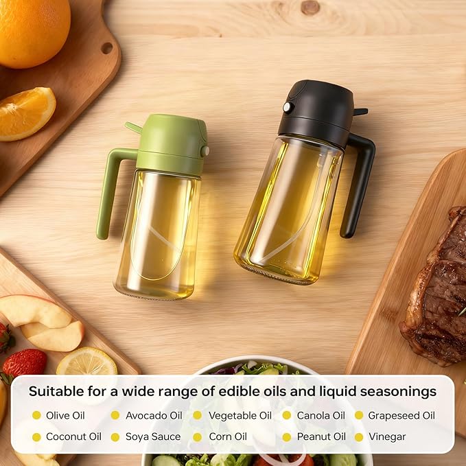 2Pcs Glass Oil Sprayer for Cooking 16oz/470ml, Kitchen Gadget for Air Fryer, Salad, BBQ, Frying（Black+Green） - Image 6