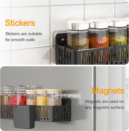 Sevenblue 4 Pack Large Magnetic Spice Rack for Refrigerator, Spice Rack Organizer, Moveable Magnetic Shelf Fridge Organizer with 4 Hooks for Kitchen and Oven Organization, Black - Image 3