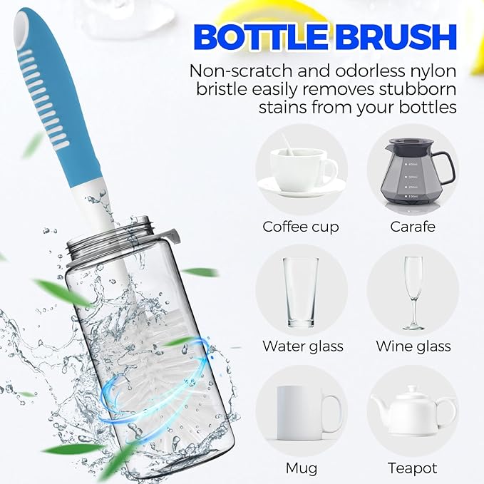 Holikme 6 Pack Dish Brush Set with Bottle Brush, Dish Scrub Brush, Pan Brush and 3 Straw Brushes, Deep Cleaning Handle Brush with Scraper Tip for Kitchen Sink Dishes Bottle Cup Pot and Pans (Azul) - Image 4