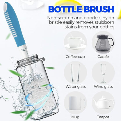 Holikme 6 Pack Dish Brush Set with Bottle Brush, Dish Scrub Brush, Pan Brush and 3 Straw Brushes, Deep Cleaning Handle Brush with Scraper Tip for Kitchen Sink Dishes Bottle Cup Pot and Pans (Azul) - Image 4