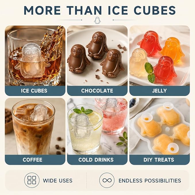 Penguin Ice Cube Tray Mold - 3D Penguin Shape Ice Cube Trays, Cute Ice Cube Molds for Whiskey Bourbon, 4-Hole Large Fun Shapes Ice Cube Trays, Funny Penguin Gifts for Penguin Lovers Women Men