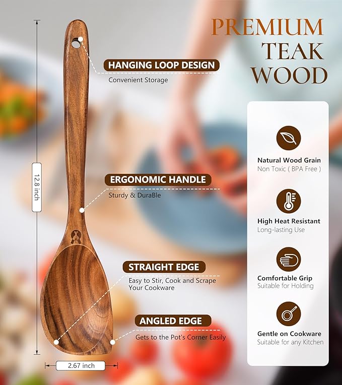 Wooden Spoons for Cooking, Natural Premium Teak Wood Corner Spoon, Good Grip Large Wooden Spoons & Wooden Spatula, Heat Resistant Wooden Cooking Utensils for Nonstick Cookware Cooking Gift - Left Hand - Image 2