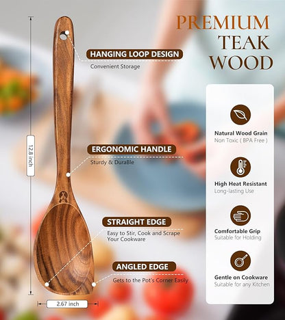 Wooden Spoons for Cooking, Natural Premium Teak Wood Corner Spoon, Good Grip Large Wooden Spoons & Wooden Spatula, Heat Resistant Wooden Cooking Utensils for Nonstick Cookware Cooking Gift - Left Hand - Image 2