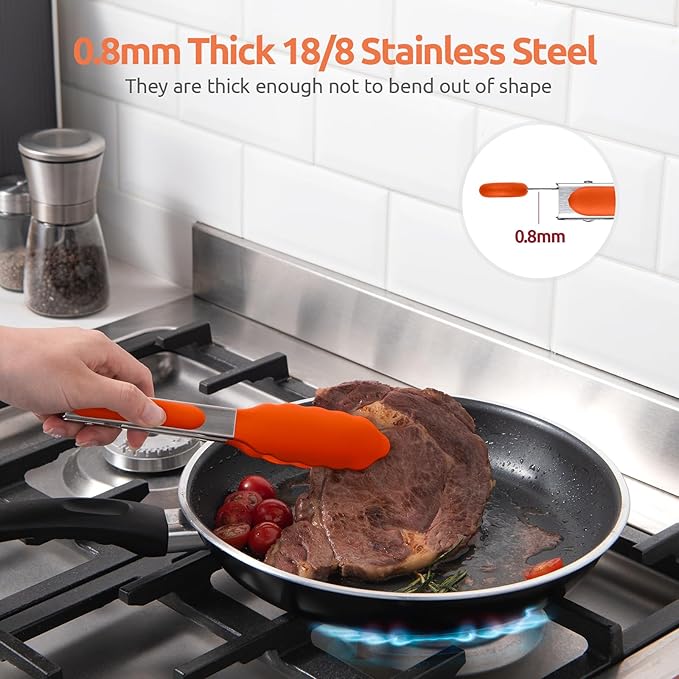 600ºF Heat Resistant Kitchen Tong: U-Taste 7 inch Silicone Cooking Tong with Firm Sealed Non Stick Rubber Tips & Silicon Coated 18/8 Stainless Steel Handle & Smooth Locking for Serving Salad (Orange) - Image 5