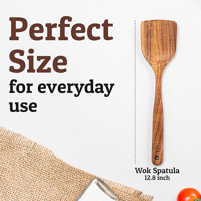 PriorityChef Premium Teak Flat Wooden Spatula for Cooking - Long Handle Wooden Wok Spatula, Flat Wood Turner for Stir Fry, Wood Teak for Nonstick Pans, Kitchen Cooking Utensil