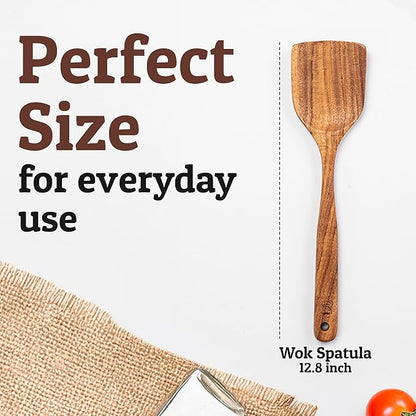 PriorityChef Premium Teak Flat Wooden Spatula for Cooking - Long Handle Wooden Wok Spatula, Flat Wood Turner for Stir Fry, Wood Teak for Nonstick Pans, Kitchen Cooking Utensil