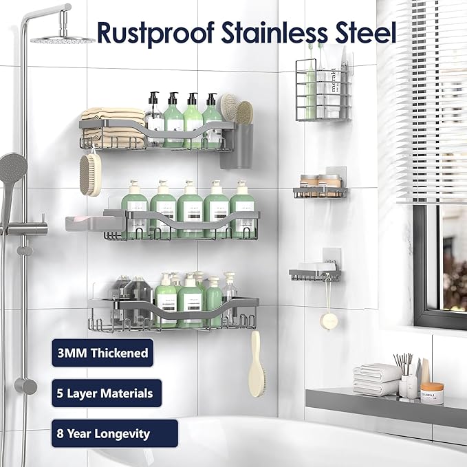 NESOMI Shower Caddy Adhesive Shower Organizer 8-Pack, Rustproof Stainless Steel Bathroom Shelves, Large Capacity No-Drill Rack Storage Accessories with Soap Dish Toothbrush Holder Hooks - Image 5
