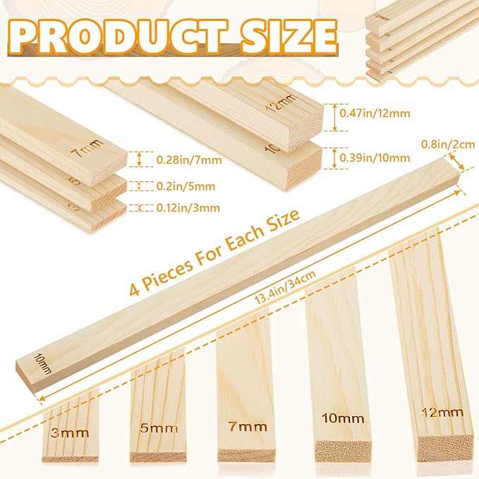 Sasylvia 20 Pcs Pottery Rolling Pin Guides Wood Teaching Rolling Mud Stick Guide Set Polymer Clay Depth Guide Pottery Tools Clay Mudboard Tools (5 Size,Wood Color) - Image 2