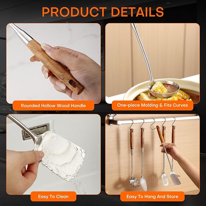 6 Pcs Cooking Utensils Set 304 Stainlss Steel Kitchen Utensils Set Heat Resistant Wooden Handle Kitchen Tools Metal Kitchen Utensil Soup Ladle Set, Dishwasher Safe - Image 5