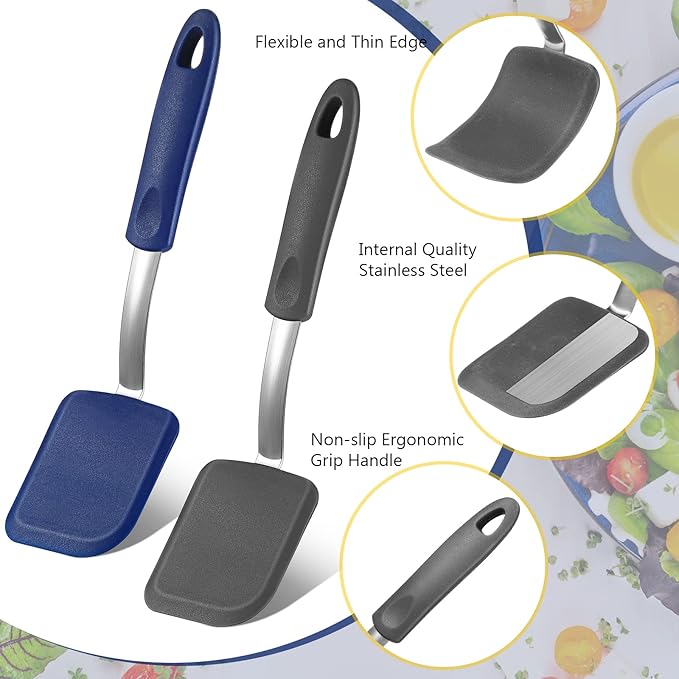 Silicone Cookie Spatula Turner 2 Pack Mini Brownie Spatula Flexible Kitchen Small Silicone Turner for Nonstick Cookware Heat Resistant No Scratch Flipper for Egg Pancake(Gray, Blue) - Image 3