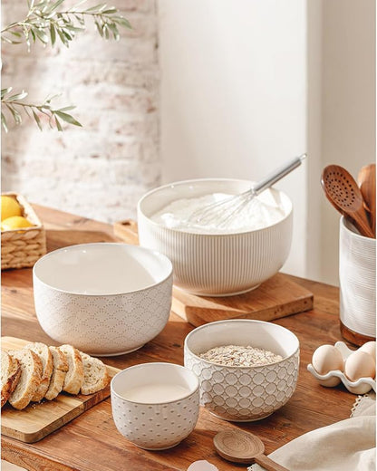 Mikiegy Ceramic Mixing Bowls Set of 4, Nesting Ceramic Embossment Stoneware Mixing Bowls for Cooking, Serving, Popcorn, Salad etc, Microwave & Dishwasher Safe, 20/44/98/145 oz, Off-White - Image 2