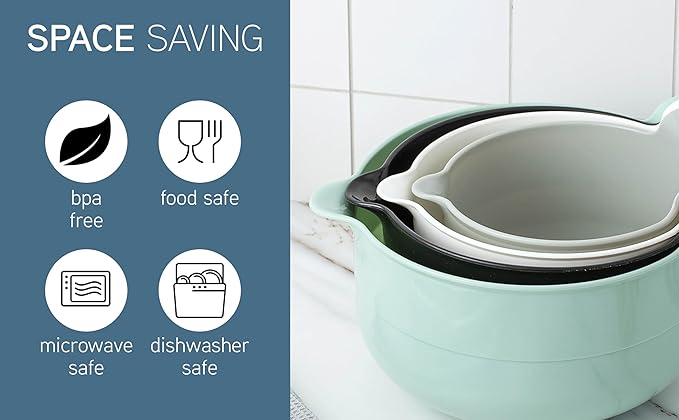 COOK WITH COLOR Nesting Plastic Mixing Bowl Set with Pour Spouts and Handles, Mint, 4 Piece Non-Slip - Image 3