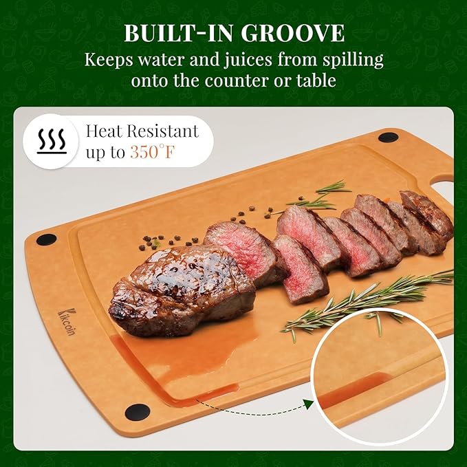Kikcoin Wood Cutting Board, Cutting Boards for Kitchen Dishwasher Safe Non-slip Chopping Board with Juice Groove, Wood Fiber Composite Cutting Board with Handle, 14.6"*10.8" - Image 4