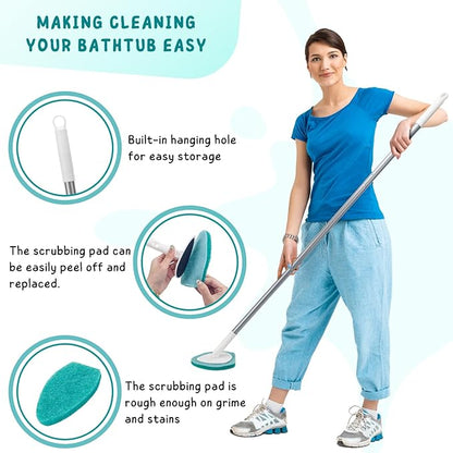 Shower Scrubber with Long Handle, 47'' Bathtub Scrub Brush, Bathroom Tub and Tile Cleaning Tool with 6 Refill Pads