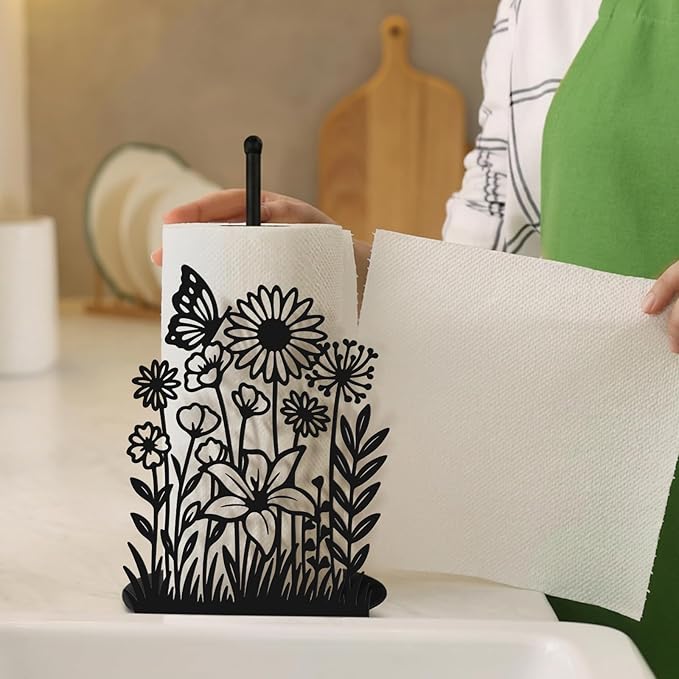 Wildflower Kitchen Countertop Paper Towel Holder Decorative Paper Towel Holder Black Metal Tissue Stand Kitchen Decor Accessories for Home Party Bathroom Countertop Dining Table
