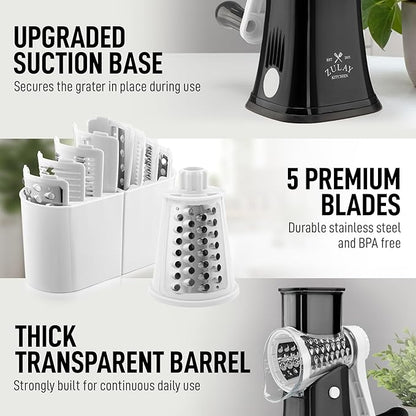 Zulay Kitchen Rotary Cheese Grater 5 Blade Cheese Shredder - Manual Hand Crank Cheese Grater With Reinforced Suction & 5 Interchangeable Drums - Easy to Use, Vegetable Chopper Round Mandoline Slicer - Image 7