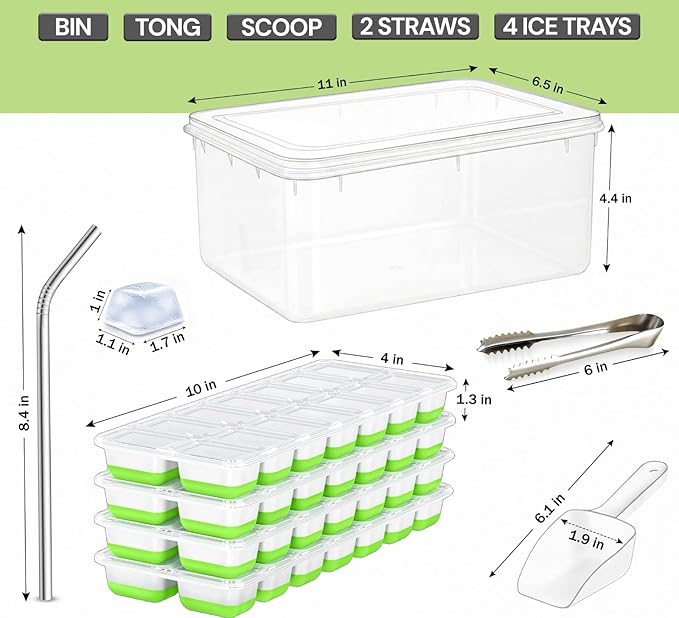 56pcs Ice Cube Tray with Lid and Bin – Stackable 4 Trays Plastic Silicone Freezer Mold, Large Ice Bucket with Scoop, Tong & 2 SS Straws – Easy Release Ice Maker for Cocktail, Coffee, RV, Whiskey - Image 2