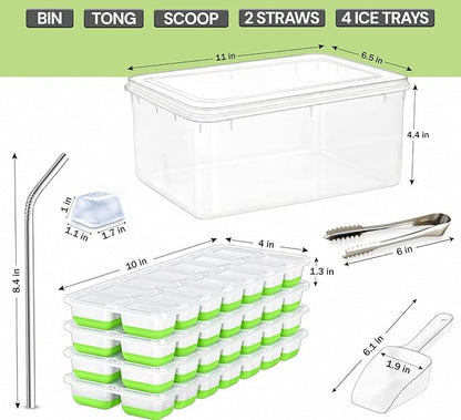 56pcs Ice Cube Tray with Lid and Bin – Stackable 4 Trays Plastic Silicone Freezer Mold, Large Ice Bucket with Scoop, Tong & 2 SS Straws – Easy Release Ice Maker for Cocktail, Coffee, RV, Whiskey - Image 2