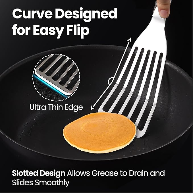 Stainless Steel Fish Spatula Set – 1 Large Fish Turner + 1 Small Metal Spatula, Ultra-Thin Edge for Easy Turning & Flipping, Metal Kitchen Utensils with Ergonomic Non-Slip Handle, Dishwasher Safe - Image 3