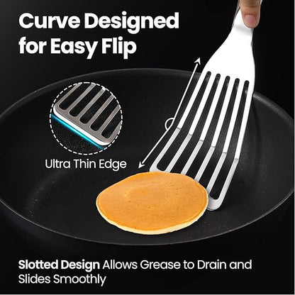 Stainless Steel Fish Spatula Set – 1 Large Fish Turner + 1 Small Metal Spatula, Ultra-Thin Edge for Easy Turning & Flipping, Metal Kitchen Utensils with Ergonomic Non-Slip Handle, Dishwasher Safe - Image 3