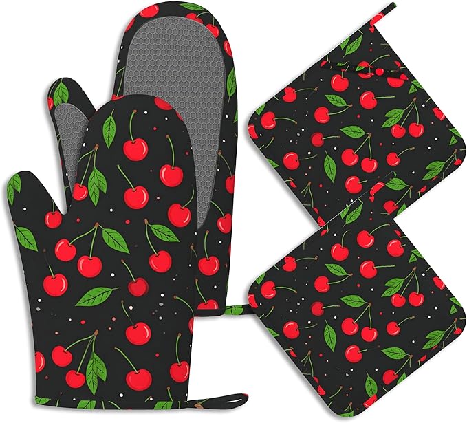 Oven Mitts and Pot Holders Sets Red Black Cherry Silicone Kitchen Mits Potholders Tropical Fruit Cherries Heat Resistant 4Pcs Oven Gloves Hot Pads for Baking Cooking BBQ Grilling Home Decor
