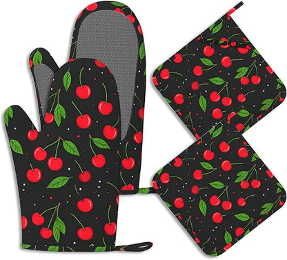 Oven Mitts and Pot Holders Sets Red Black Cherry Silicone Kitchen Mits Potholders Tropical Fruit Cherries Heat Resistant 4Pcs Oven Gloves Hot Pads for Baking Cooking BBQ Grilling Home Decor