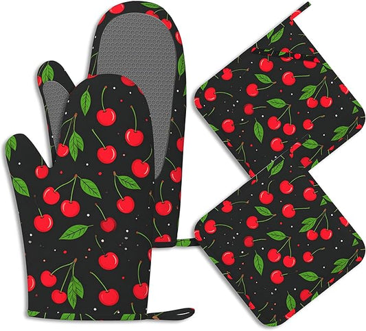 Oven Mitts and Pot Holders Sets Red Black Cherry Silicone Kitchen Mits Potholders Tropical Fruit Cherries Heat Resistant 4Pcs Oven Gloves Hot Pads for Baking Cooking BBQ Grilling Home Decor