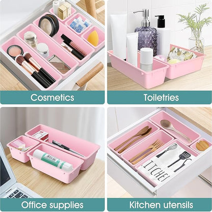 WOWBOX 25 PCS Plastic Drawer Organizer Set, 4 Sizes Desk Drawer Divider Organizers and Storage Bins for Makeup, Jewelry, Gadgets for Kitchen, Bedroom, Bathroom, Office, Pink - Image 6