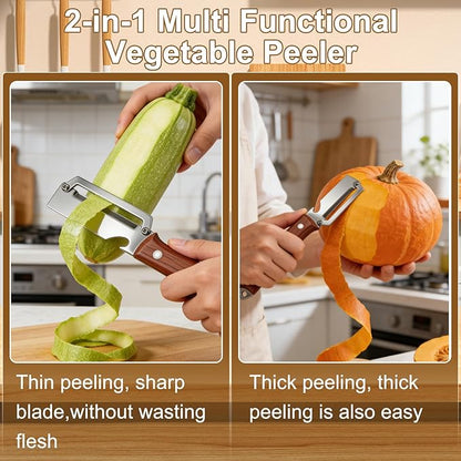 2PCS Premium 2-in-1 Vegetable Peeler with Wooden Handle, Stainless Steel Blade & Bottle Opener, Multi-Purpose Kitchen Tool for Apple, Potato, Pumpkin, Papaya & Various Fruits/Vegetables (Wood+Black) - Image 2