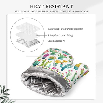 Oven Mitts and Pot Holders Set, Cactus Pattern Watercolor Silicone Kitchen Accessories 4 Piece Heat Resistant Long Gloves Potholder Non-Slip Grip for Chef Cooking Baking Grilling BBQ